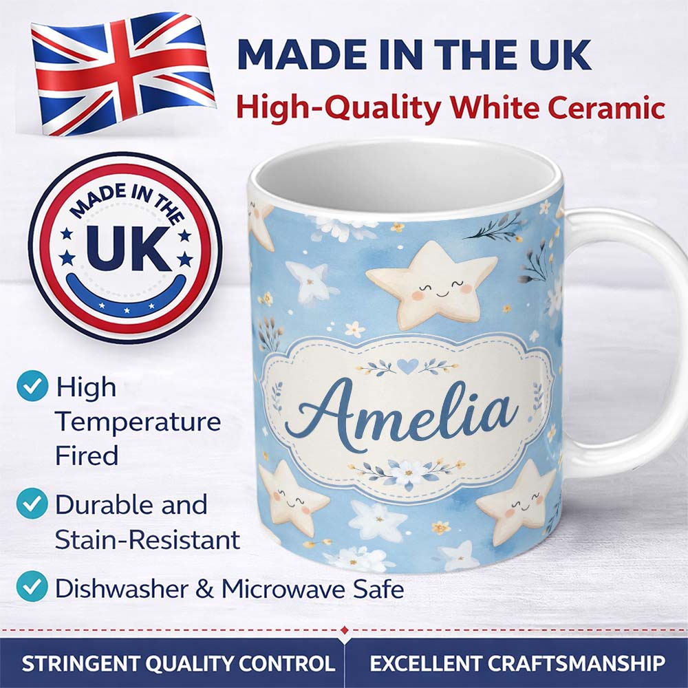 Personalized Custom Name Cute Smiling Starfish with Soft Blue Floral Background Seamless 11oz Ceramic Coffee Tea Mug White Large Handle