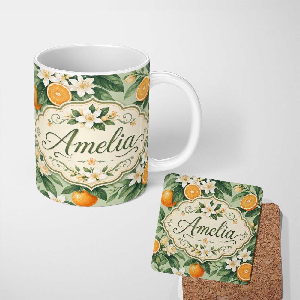 Personalized Custom Name Orange Citrus Fruit Blossom Botanical Seamless Pattern Lovely 11oz Ceramic Coffee Tea Mug White Large Handle