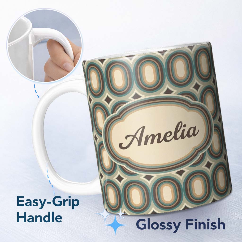 Personalized Custom Name Oval Teal Beige Geometric Repeat Seamless Pattern Cute Unique Gift 11oz Ceramic Coffee Tea Mug White Large Handle