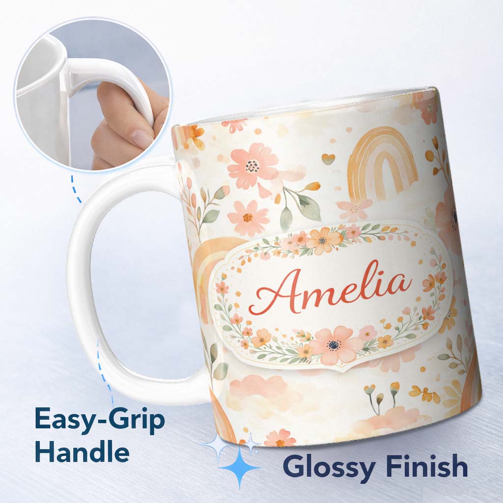 Personalized Custom Name Warm Rainbow Floral Boho Style Seamless Watercolour Pattern Lovely 11oz Ceramic Coffee Tea Mug White Large Handle