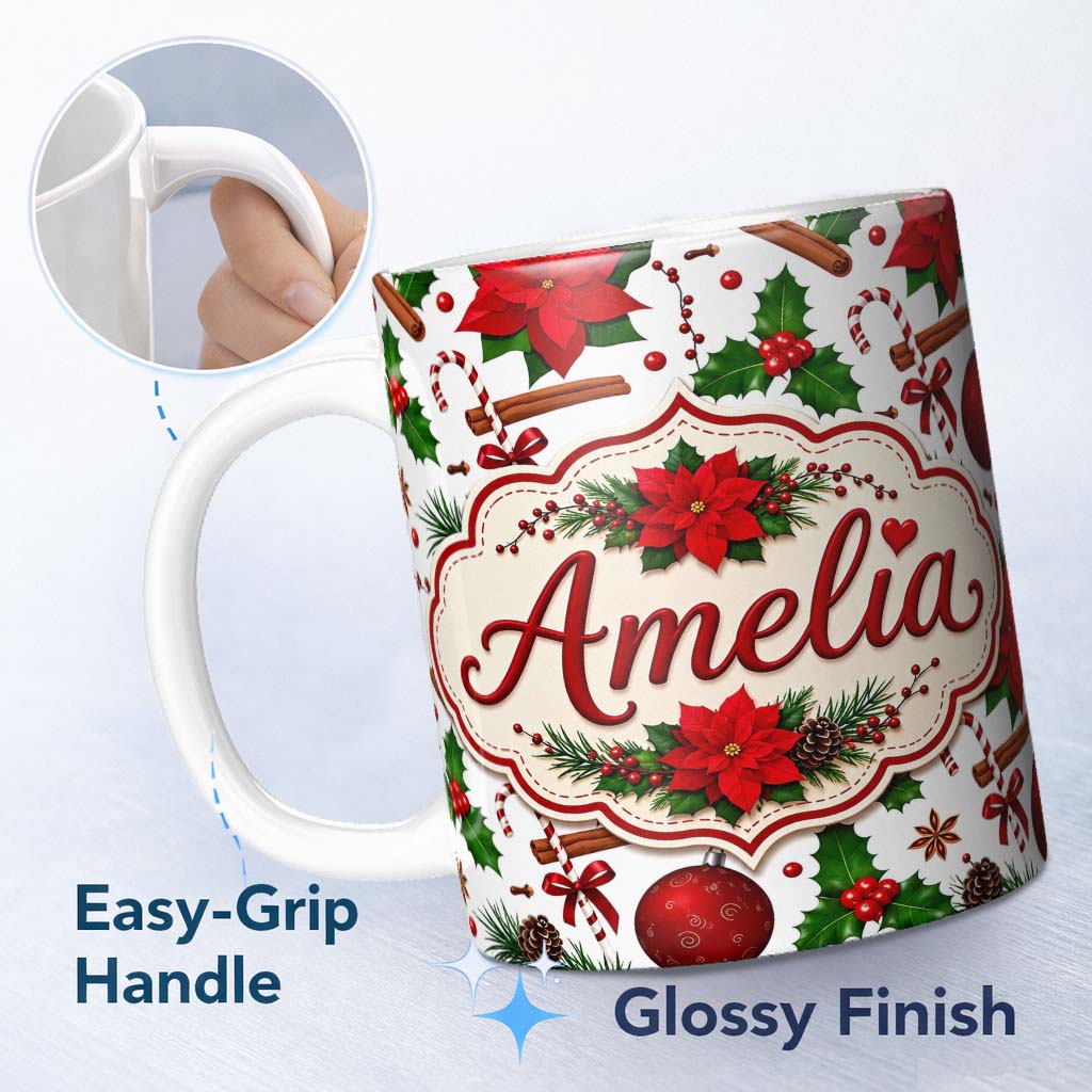 Personalized Custom Name Festive Poinsettia Holly Candy Cane Cinnamon Seamless Pattern Lovely 11oz Ceramic Coffee Tea Mug White Large Handle