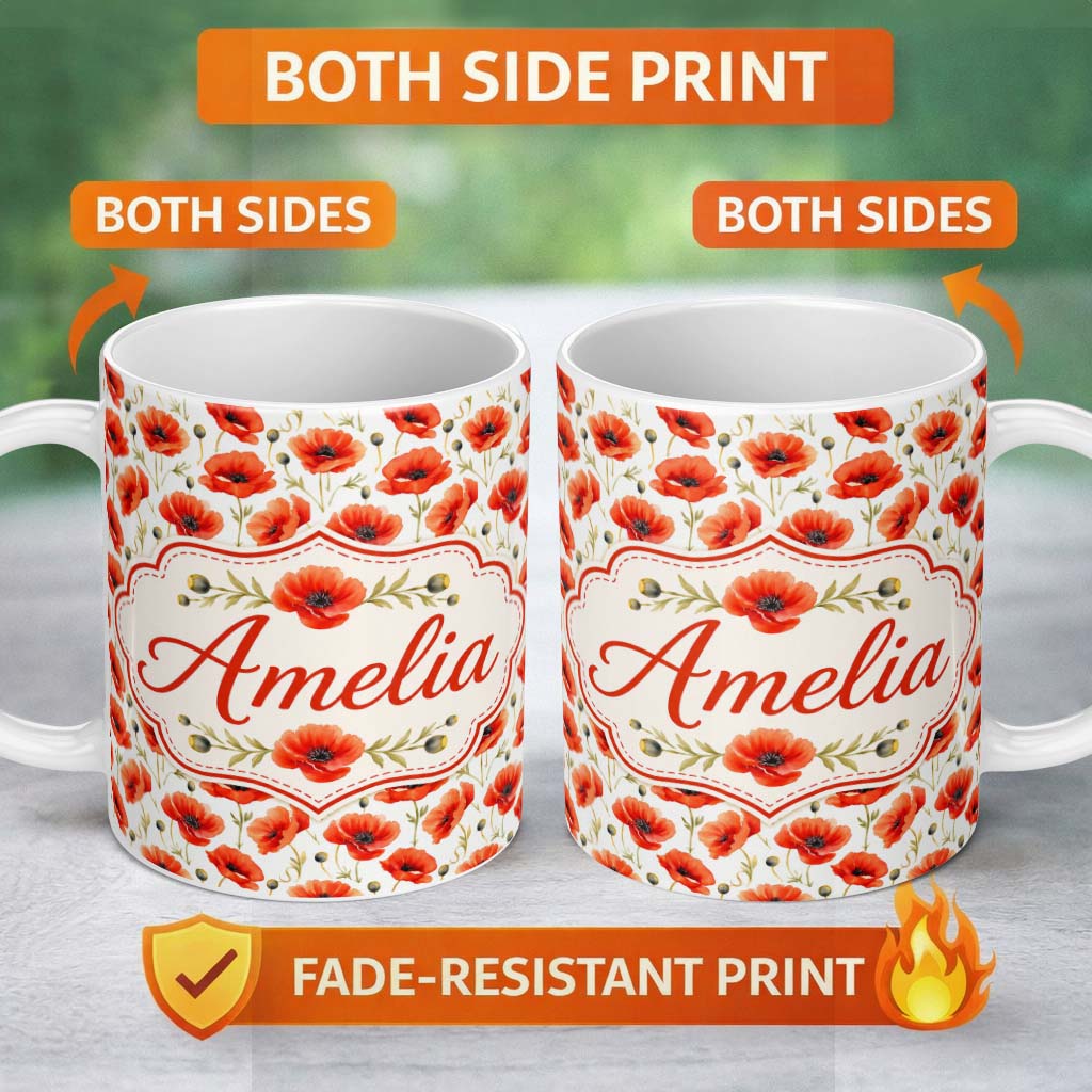 Personalized Custom Name Red Poppy Flower Watercolor Seamless Pattern Charming Kitchen Decor 11oz Ceramic Coffee Tea Mug White Large Handle