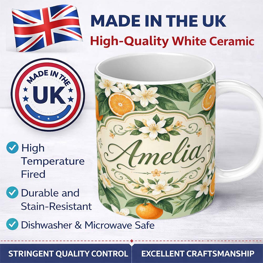 Personalized Custom Name Orange Citrus Fruit Blossom Botanical Seamless Pattern Lovely 11oz Ceramic Coffee Tea Mug White Large Handle