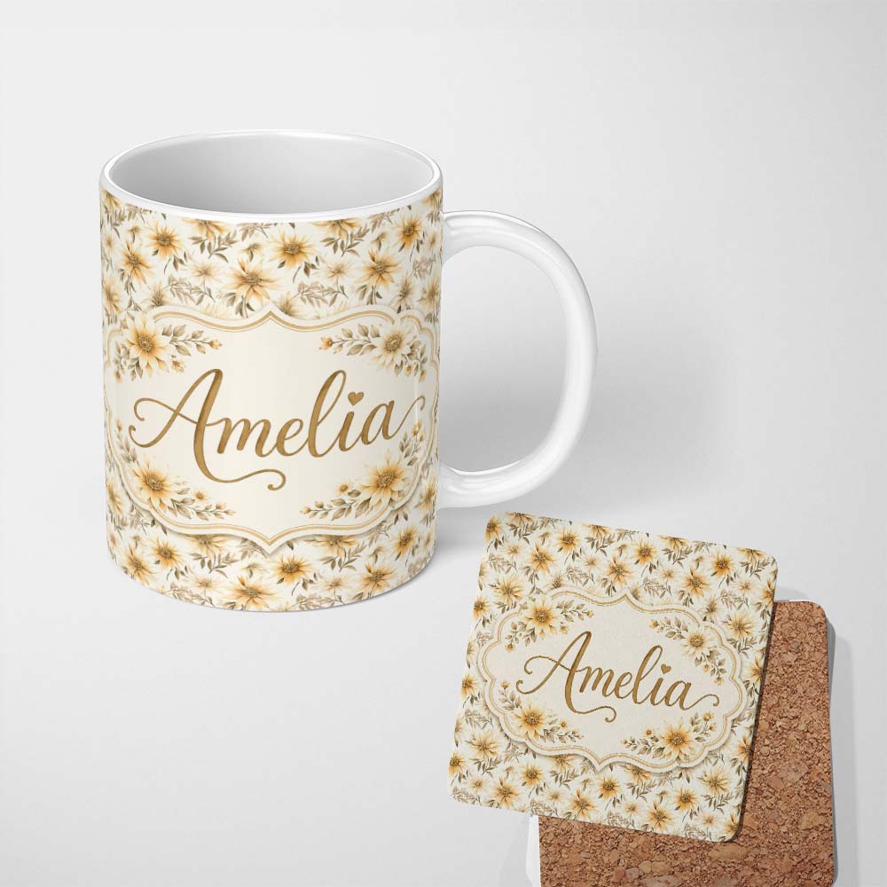Personalized Custom Name Neutral Beige Floral Botanical Elegant Seamless Pattern Lovely 11oz Ceramic Coffee Tea Mug White Large Handle