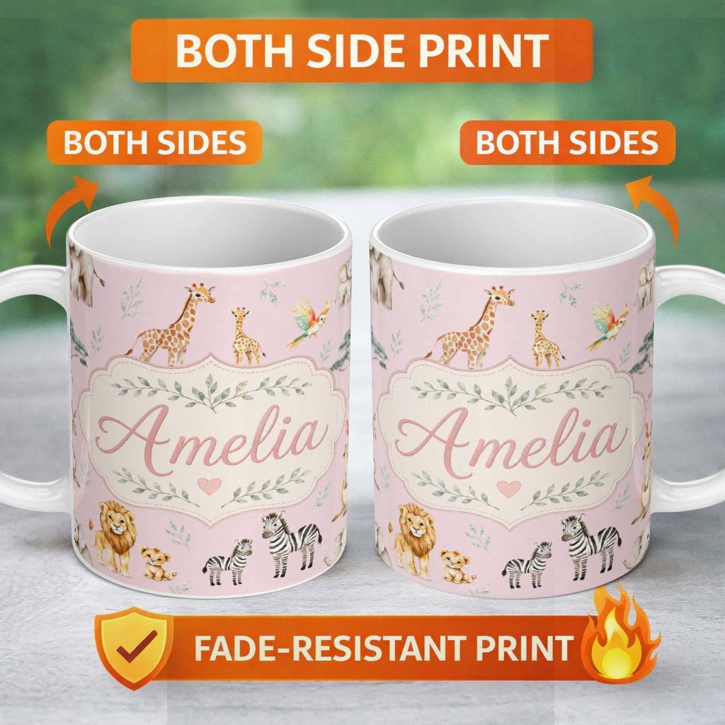 Personalized Custom Name Cute Safari Animals Giraffe Lion Zebra Parrot Seamless Pattern Mauve 11oz Ceramic Coffee Tea Mug White Large Handle
