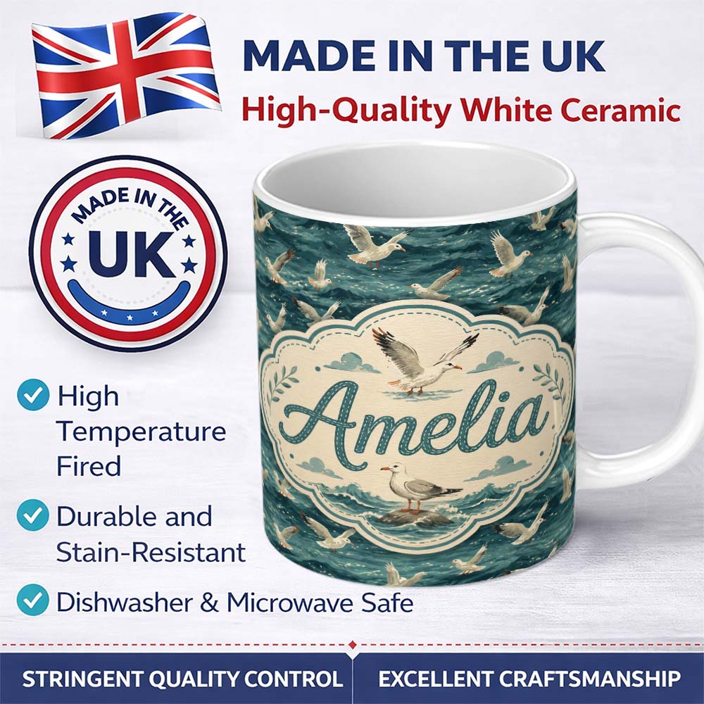 Personalized Custom Name Seagulls Flying Over Deep Blue Ocean Waves Seamless Pattern Lovely 11oz Ceramic Coffee Tea Mug White Large Handle