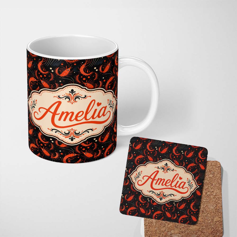 Personalized Custom Name Bold Red Shrimp on Black with Flowing Ocean Lines Seamless Pattern 11oz Ceramic Coffee Tea Mug White Large Handle