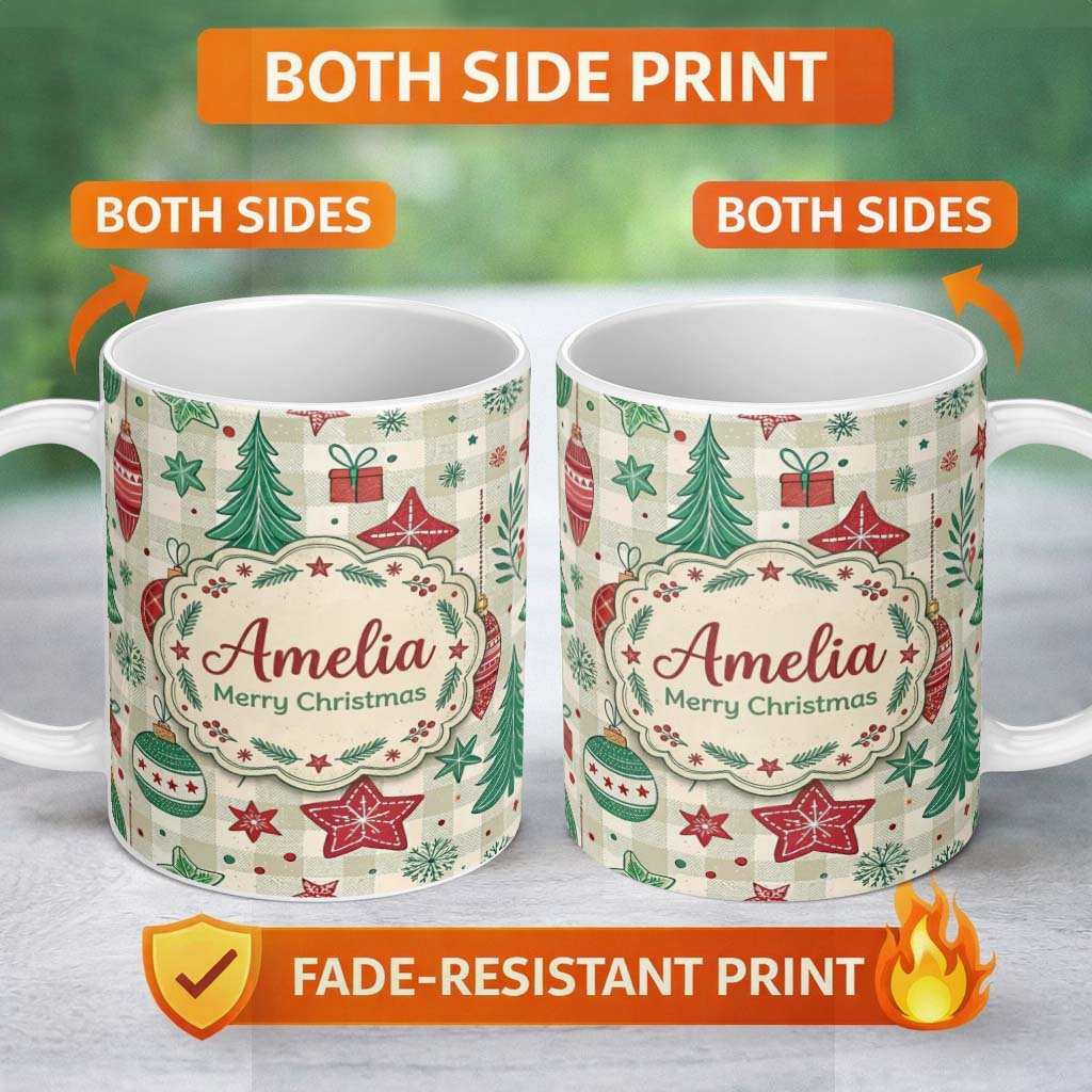 Personalized Custom Name Christmas Ornaments Trees Snowflakes Checkered Festive Seamless 11oz Ceramic Coffee Tea Mug White Large Handle