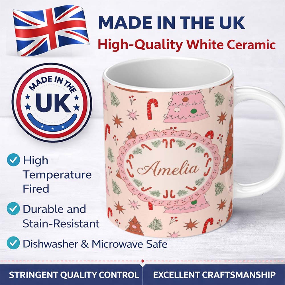 Personalized Custom Name Scandi Style Christmas Tree Candy Cane Seamless Pattern Lovely 11oz Ceramic Coffee Tea Mug White Large Handle