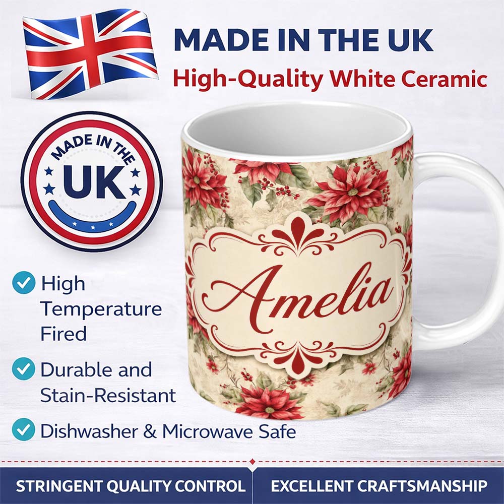 Personalized Custom Name Botanical Poinsettia and Foliage Christmas Garden Seamless Pattern 11oz Ceramic Coffee Tea Mug White Large Handle