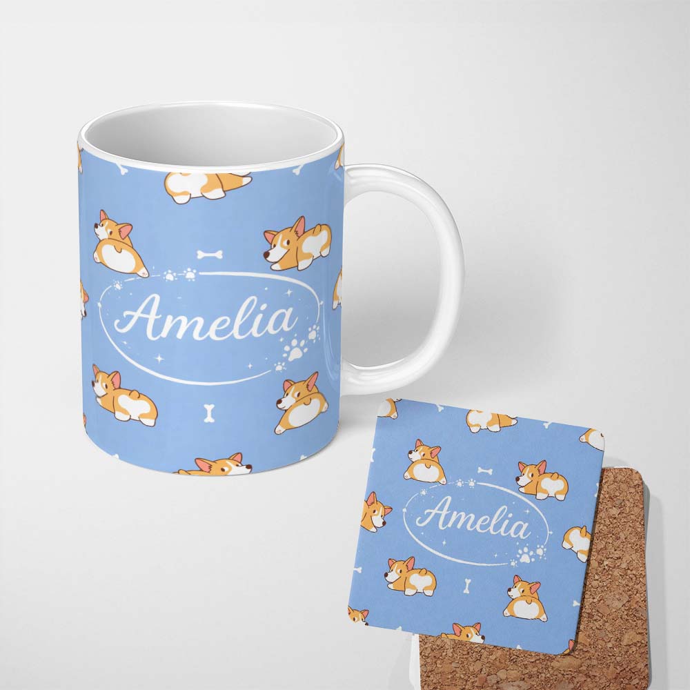 Personalized Custom Name Cute Cartoon Corgi Dogs Bone Blue Background Seamless Pattern Lovely 11oz Ceramic Coffee Tea Mug White Large Handle