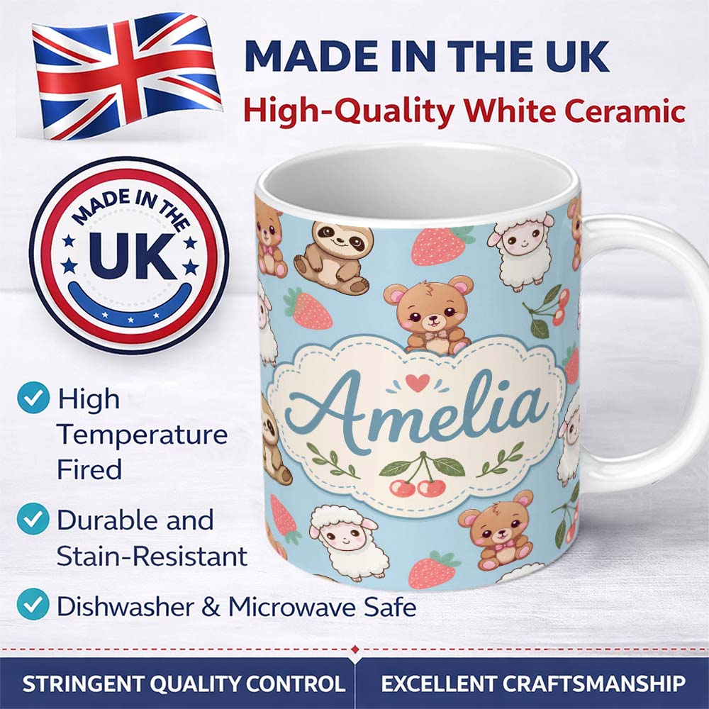 Personalized Custom Name Cute Cute Baby Animals Bear Sheep Sloth Strawberry Cherry Blue 11oz Ceramic Coffee Tea Mug White Large Handle