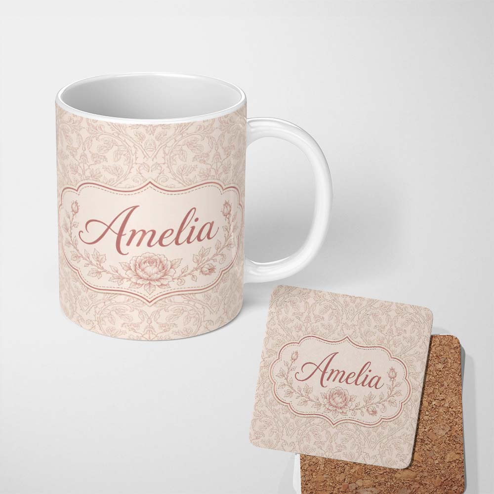Personalized Custom Name Soft Vintage Floral Vine Botanical Seamless Pattern Design Lovely 11oz Ceramic Coffee Tea Mug White Large Handle