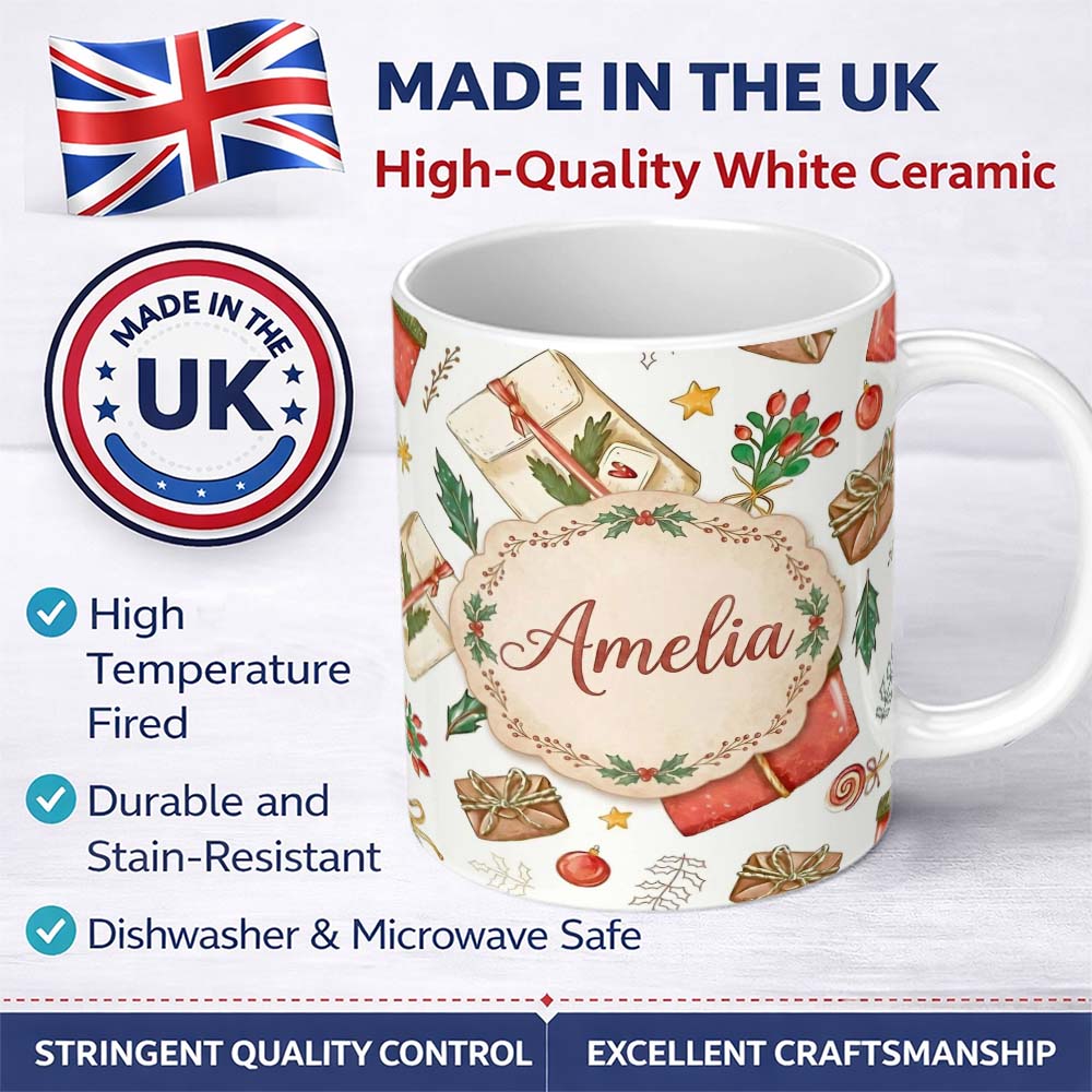 Personalized Custom Name Festive Gift Boxes Candy Stars Christmas Holiday Seamless Pattern 11oz Ceramic Coffee Tea Mug White Large Handle