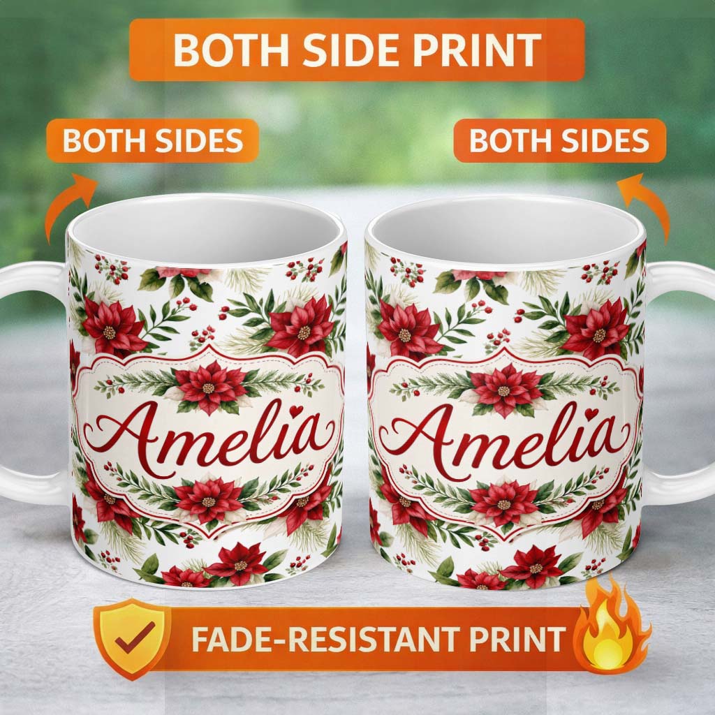 Personalized Custom Name Elegant Poinsettia Flowers Green Leaves Festive Seamless Pattern 11oz Ceramic Coffee Tea Mug White Large Handle