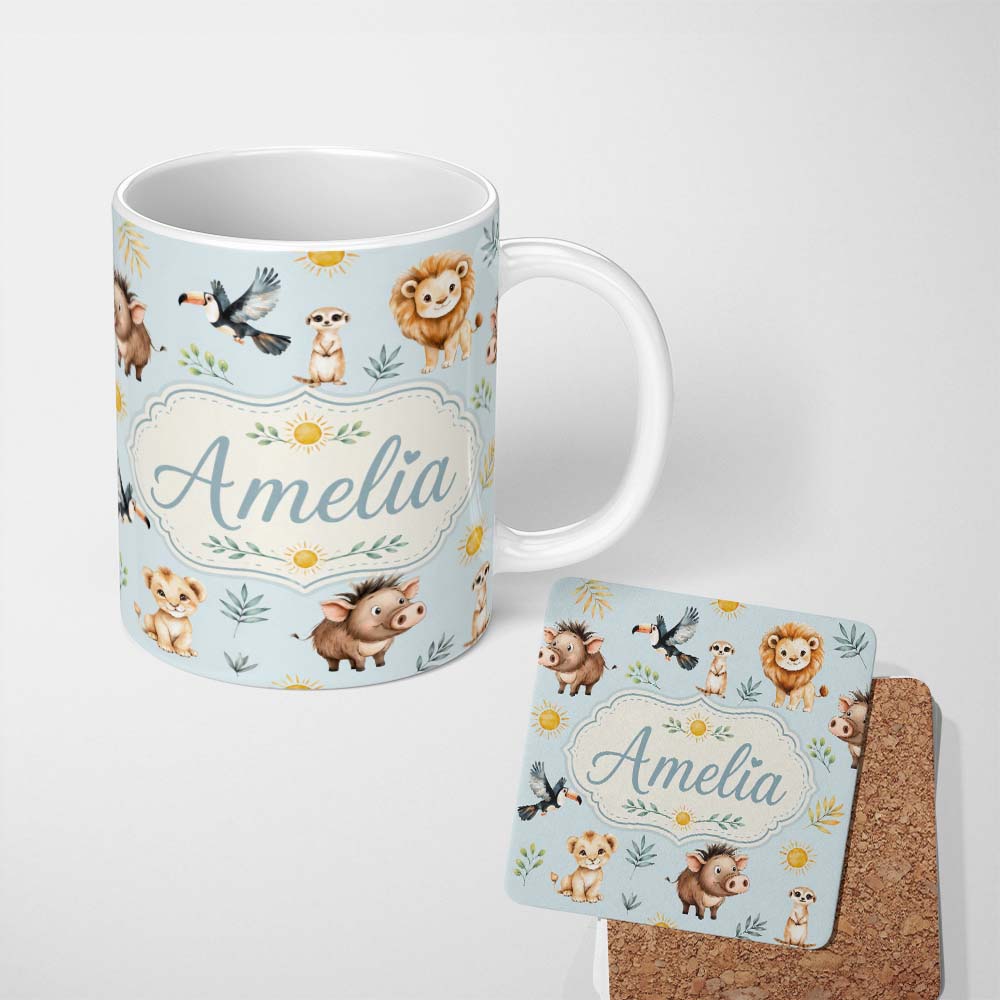 Personalized Custom Name Cute Safari Animals Lion Meerkat Warthog with Sun and Leaves on Sage 11oz Ceramic Coffee Tea Mug White Large Handle