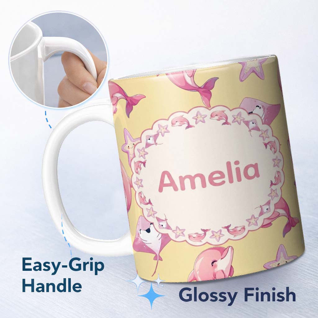 Personalized Custom Name Cute Pink Dolphin Stingray Starfish Ocean Creatures Yellow Lovely 11oz Ceramic Coffee Tea Mug White Large Handle