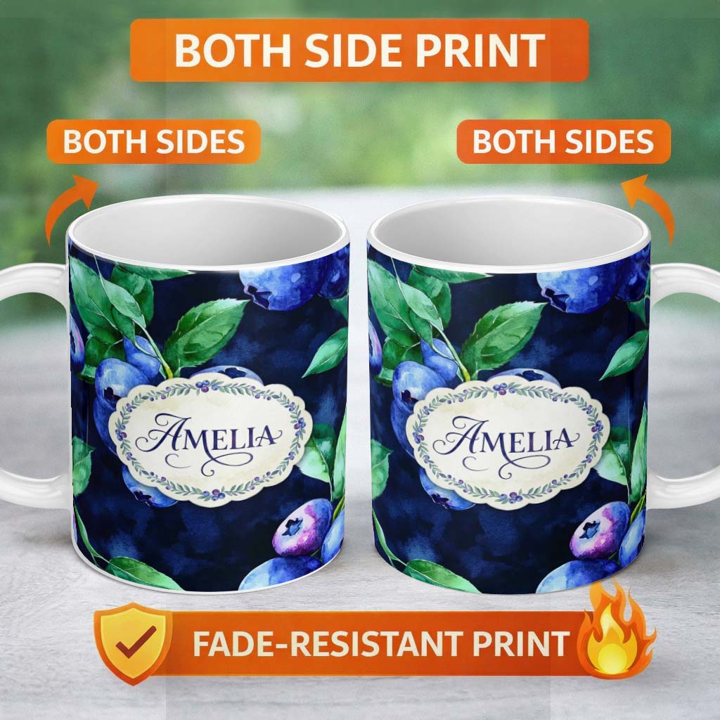 Personalized Custom Name Watercolor Blueberry Fruit Leaves Dark Background Seamless Pattern 11oz Ceramic Coffee Tea Mug White Large Handle