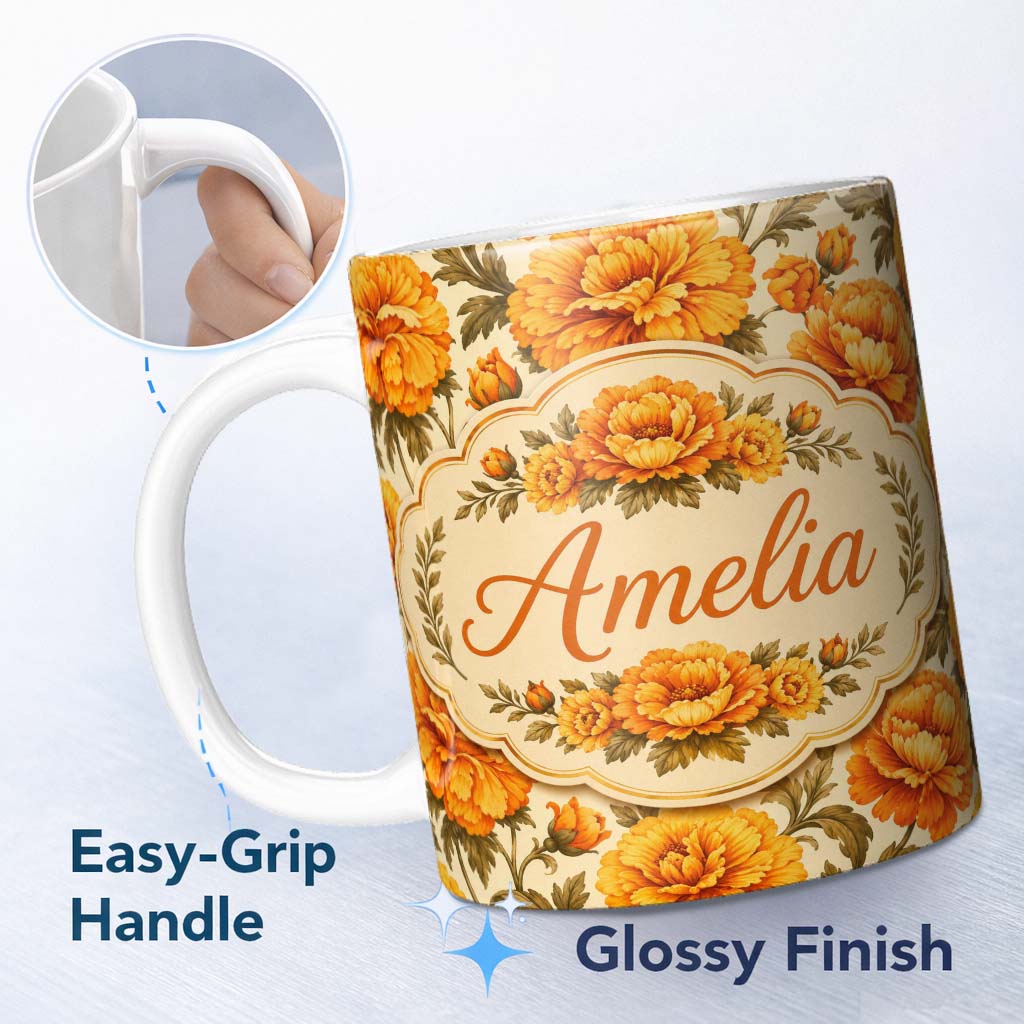 Personalized Custom Name Bold Orange Poppy Floral Seamless Pattern Vintage Botanical Bloom 11oz Ceramic Coffee Tea Mug White Large Handle