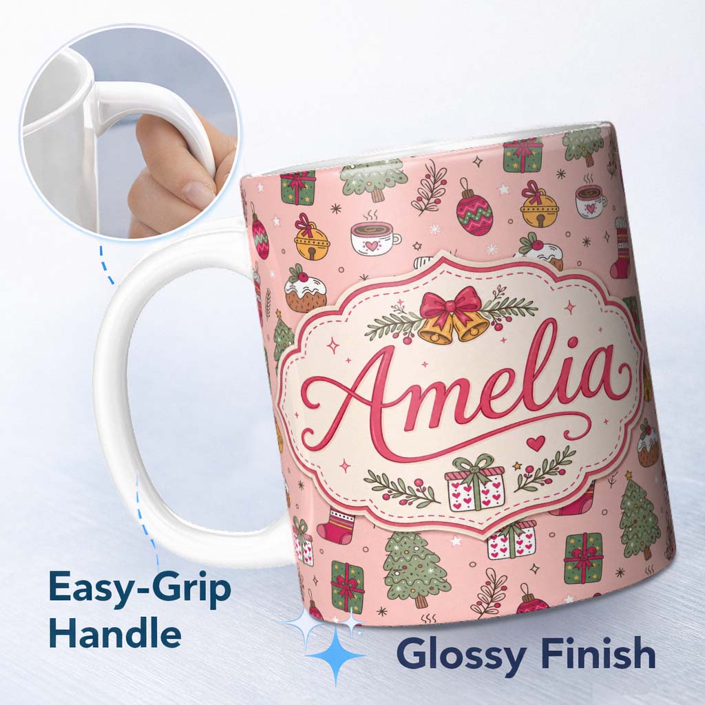 Personalized Custom Name Cute Christmas Tree Cupcake Gift Ornament Pink Seamless Pattern 11oz Ceramic Coffee Tea Mug White Large Handle