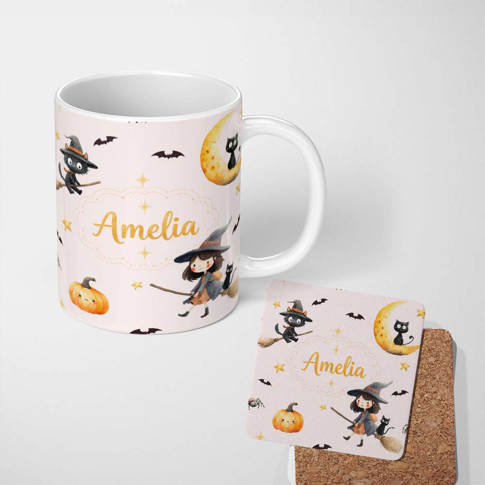 Personalized Custom Name Cute BlackCat in Witch Hat with Bats and Stars Pink Background 11oz Ceramic Coffee Tea Mug White Large Handle