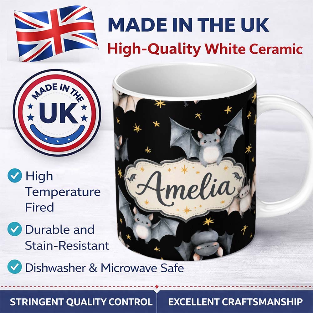 Personalized Custom Name Cute Baby Bats with Stars Night Sky Black Background Seamless 11oz Ceramic Coffee Tea Mug White Large Handle