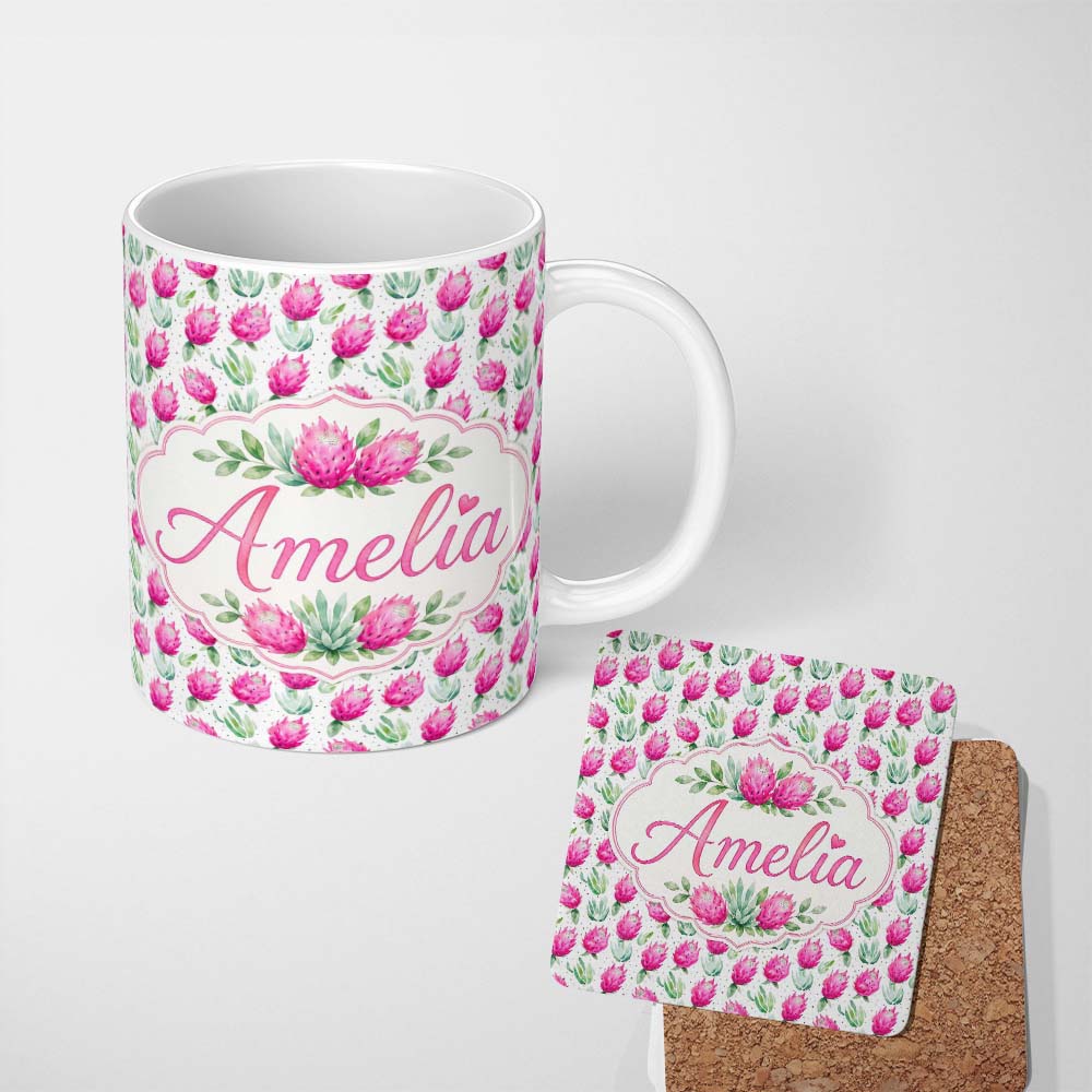 Personalized Custom Name Watercolour Dragon Fruit Pattern with Green Leaves on Light Lovely 11oz Ceramic Coffee Tea Mug White Large Handle