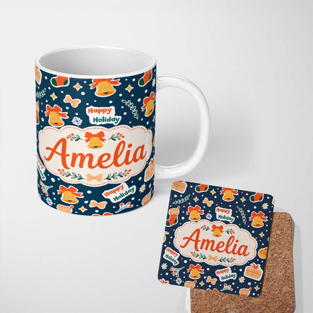 Personalized Custom Name Happy Holiday Bells Gift Box Snowflakes Winter Festive Seamless 11oz Ceramic Coffee Tea Mug White Large Handle