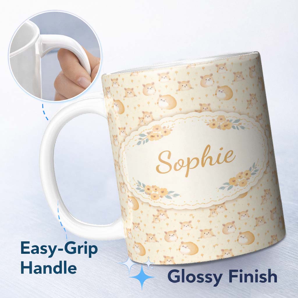 Personalized Custom Name Soft Beige Hamster Autumn Leaf Seamless Pattern Perfect Gift for Her 11oz Ceramic Coffee Tea Mug White Large Handle