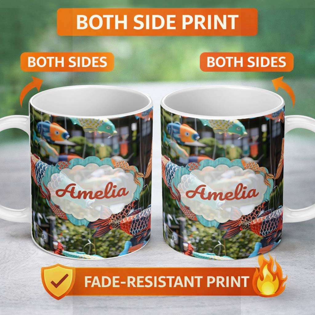 Personalized Custom Name Colorful Koi Fish Windsocks Hanging Outdoor Traditional Japanese 11oz Ceramic Coffee Tea Mug White Large Handle