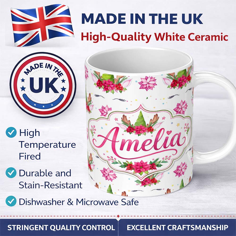 Personalized Custom Name Cute Christmas Unicorn Antlers Floral Fantasy Seamless Pattern 11oz Ceramic Coffee Tea Mug White Large Handle