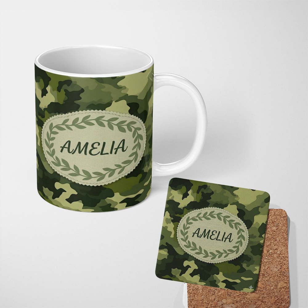 Personalized Custom Name Rich Woodland Green Camouflage Seamless Pattern Beautiful Coffee Cup 11oz Ceramic Coffee Tea Mug White Large Handle