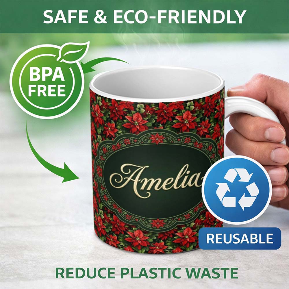 Personalized Custom Name Bold Festive Poinsettia with Deep Green Leaves Seamless Pattern 11oz Ceramic Coffee Tea Mug White Large Handle