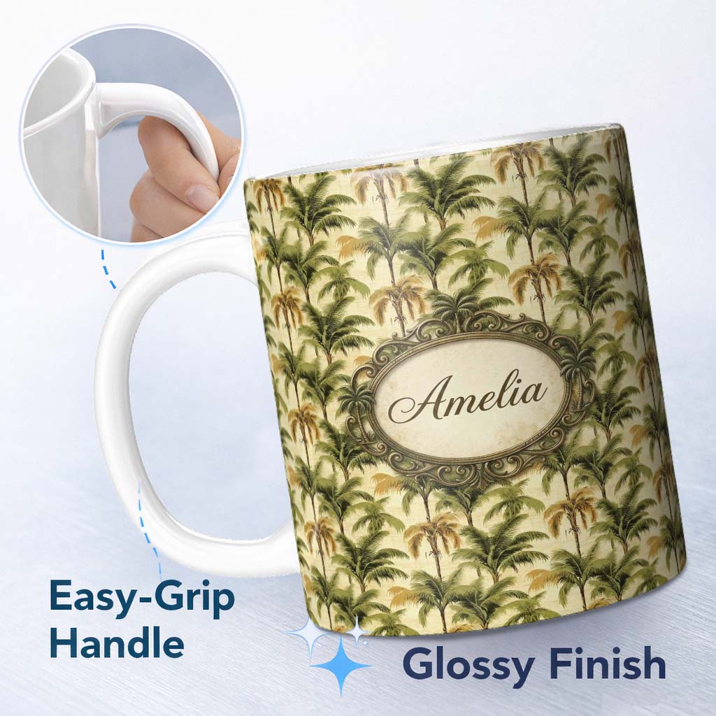 Personalized Custom Name Classic Palm Tree Repeat Pattern in Olive and Golden Tones on Beige 11oz Ceramic Coffee Tea Mug White Large Handle