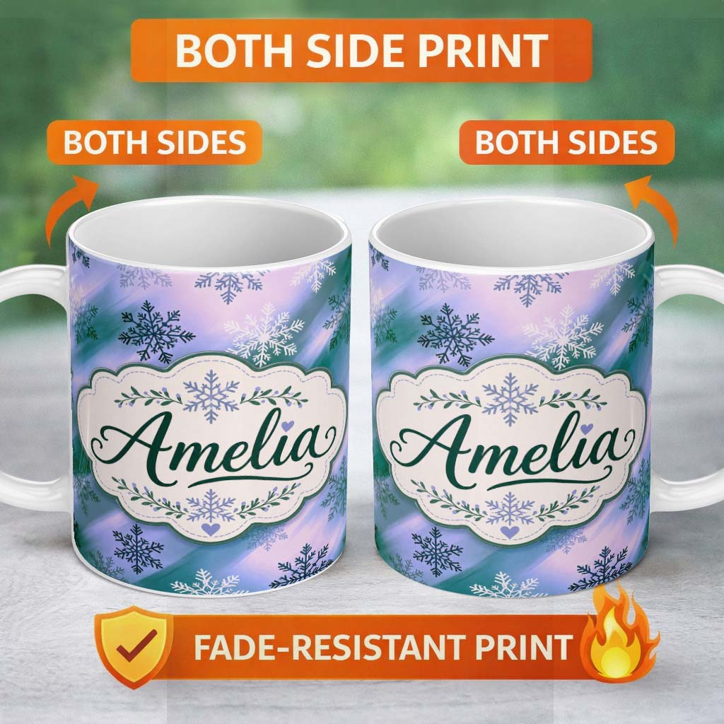 Personalized Custom Name Abstract Snowflake Gradient Winter Seamless Pattern Cute Unique Gift 11oz Ceramic Coffee Tea Mug White Large Handle