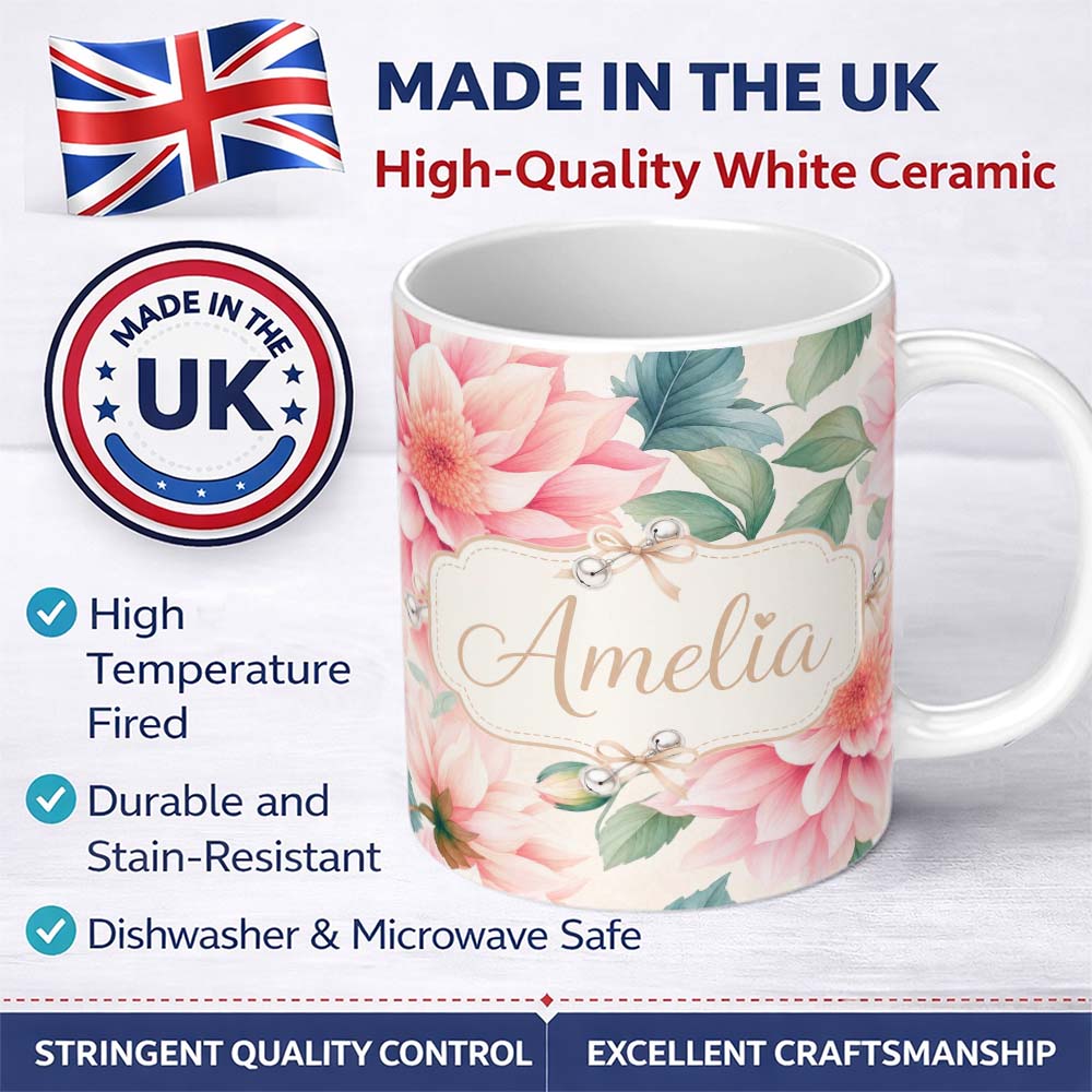 Personalized Custom Name Watercolor Pink Peony Floral Botanical Seamless Pattern Lovely 11oz Ceramic Coffee Tea Mug White Large Handle