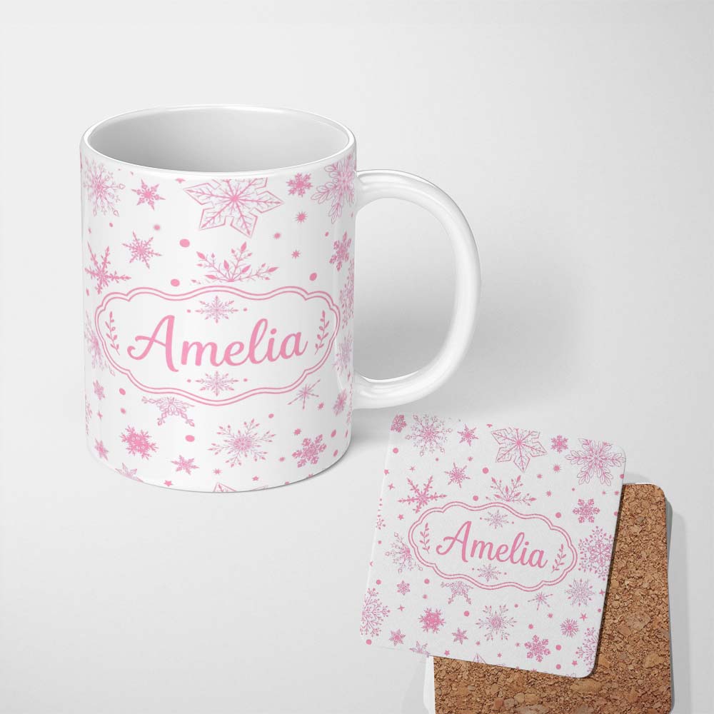Personalized Custom Name Elegant Pink Snowflakes White Background Seamless Pattern Lovely 11oz Ceramic Coffee Tea Mug White Large Handle