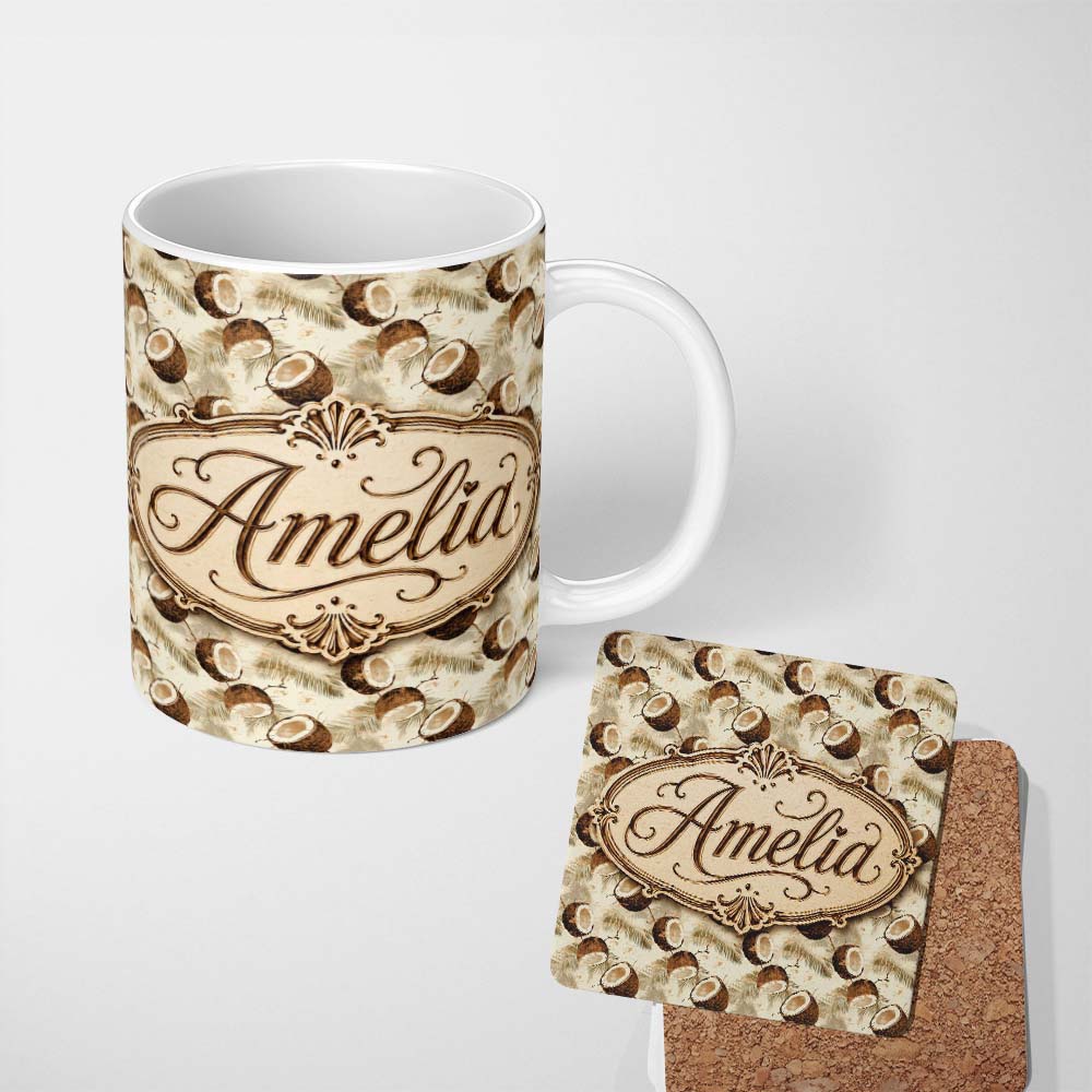 Personalized Custom Name Coconut Palm Tropical Ocean Blue Seamless Pattern Cute Unique Gift 11oz Ceramic Coffee Tea Mug White Large Handle