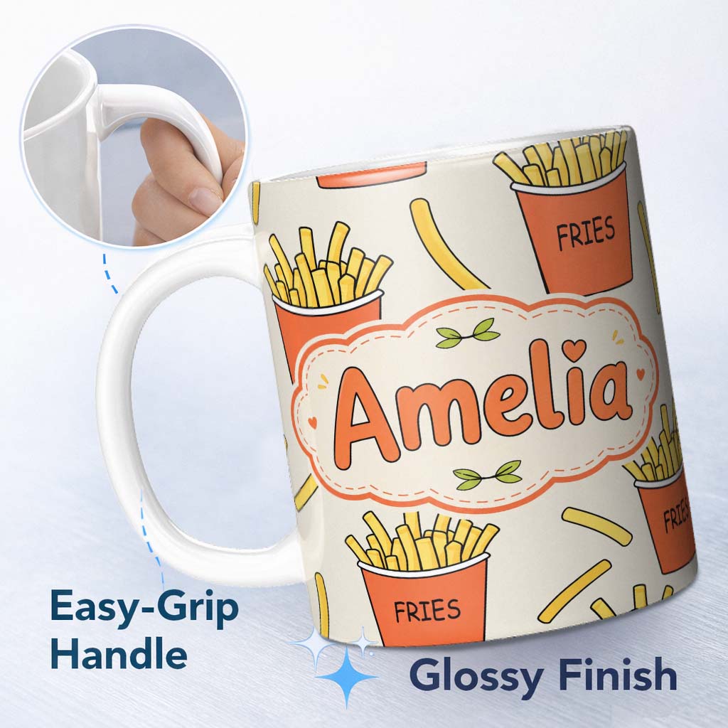 Personalized Custom Name Cute French Fries Cartoon Snack Food Cream Background Seamless 11oz Ceramic Coffee Tea Mug White Large Handle
