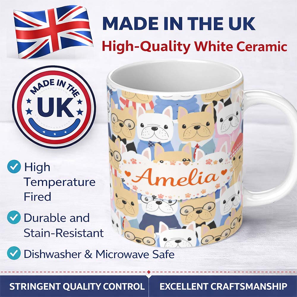 Personalized Custom Name Stylish French Bulldog Dogs Fashion Outfit Seamless Pattern Lovely 11oz Ceramic Coffee Tea Mug White Large Handle