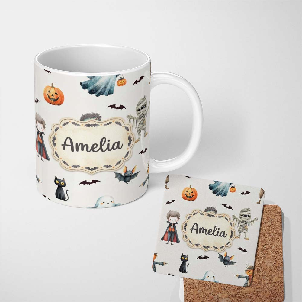 Personalized Custom Name Halloween Zombie Mummy Vampire and Bat Characters Light Grey Lovely 11oz Ceramic Coffee Tea Mug White Large Handle