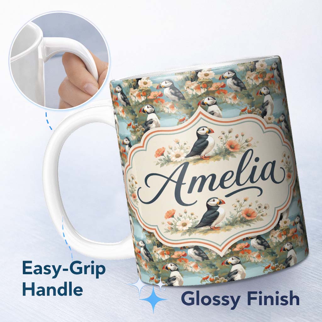 Personalized Custom Name Vintage Style Puffin Birds with Floral Garden Seamless Pattern 11oz Ceramic Coffee Tea Mug White Large Handle
