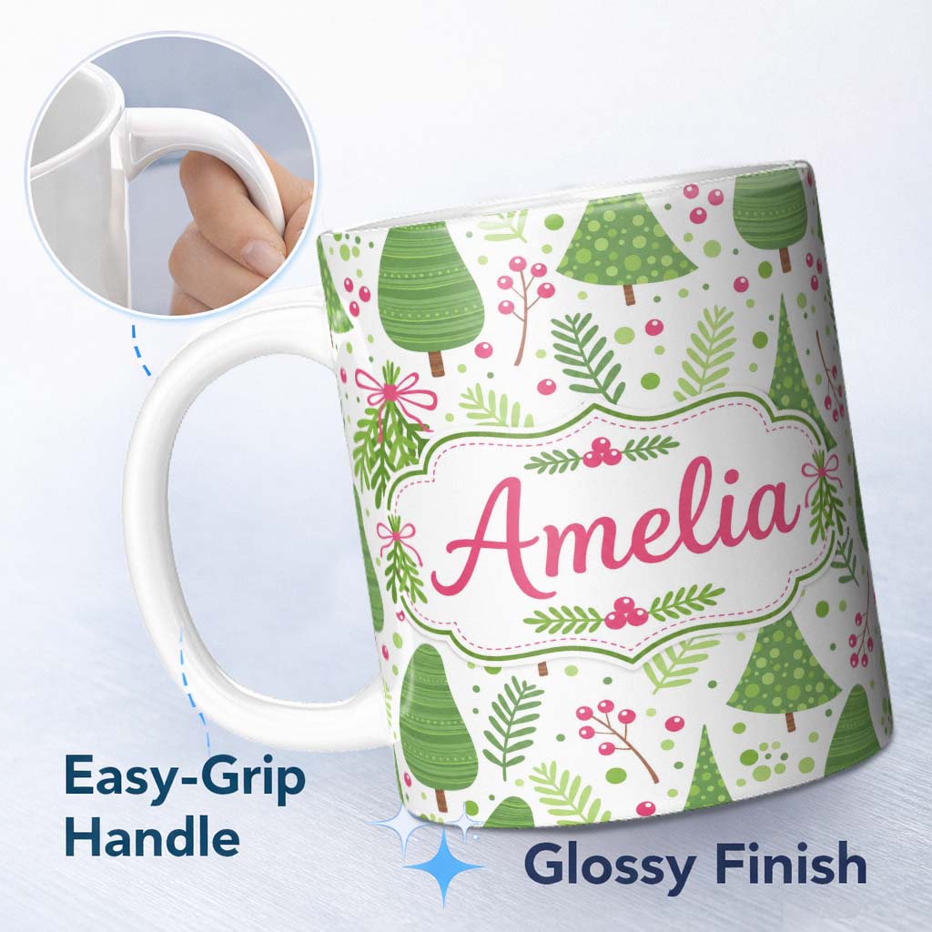 Personalized Custom Name Minimal Christmas Tree Branch Berry Pink Bow Seamless Pattern Lovely 11oz Ceramic Coffee Tea Mug White Large Handle