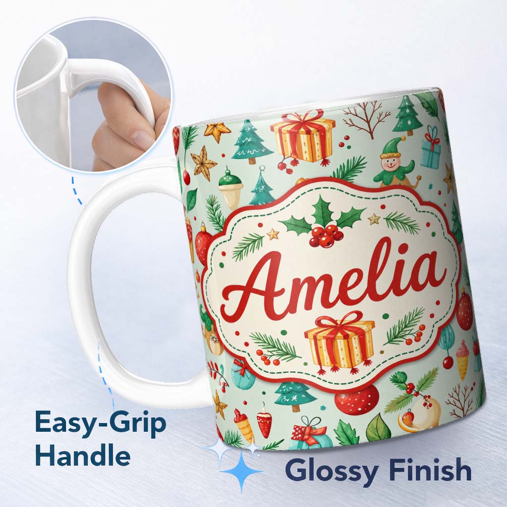 Personalized Custom Name Watercolor Christmas Tree Ornament Elf Gift Seamless Pattern Lovely 11oz Ceramic Coffee Tea Mug White Large Handle