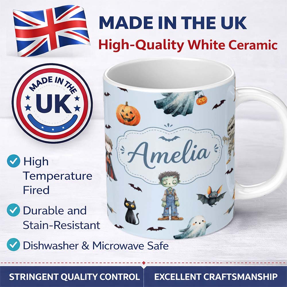 Personalized Custom Name Halloween Zombie Mummy Vampire and Bat Characters Blue Background 11oz Ceramic Coffee Tea Mug White Large Handle