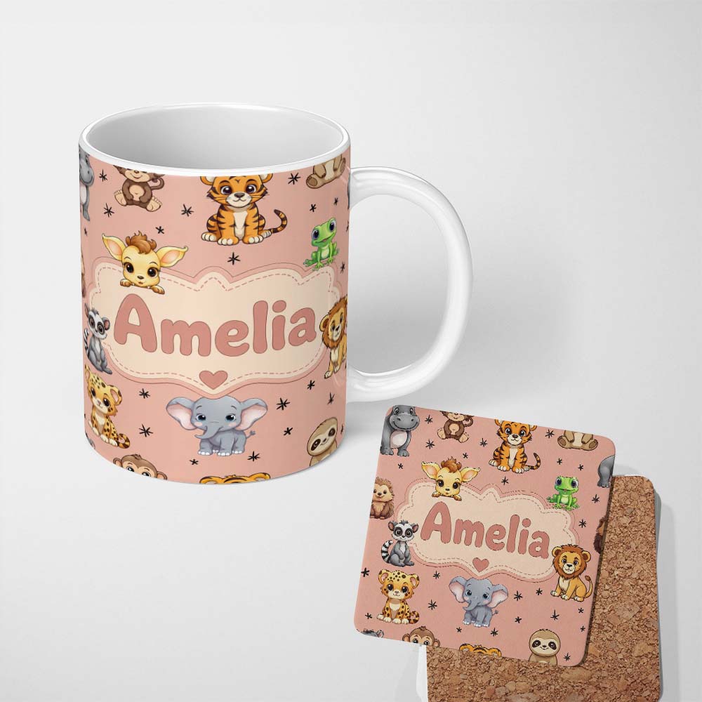 Personalized Custom Name Cute Cartoon Safari Animals with Stars on Peach Background Nursery 11oz Ceramic Coffee Tea Mug White Large Handle