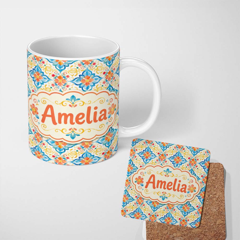 Personalized Custom Name Watercolor Floral Tile Blue Orange Mediterranean Seamless Pattern 11oz Ceramic Coffee Tea Mug White Large Handle