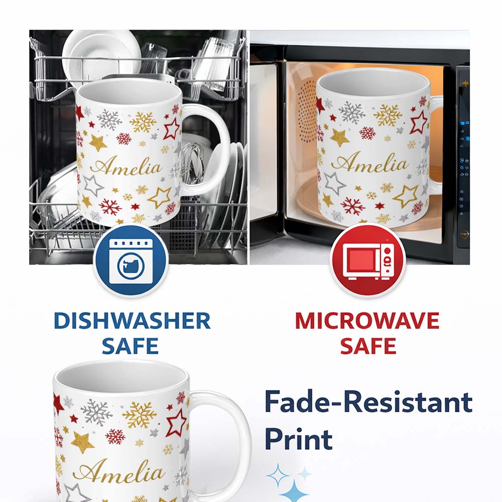 Personalized Custom Name Festive Stars and Snowflakes Pattern White Background Seamless 11oz Ceramic Coffee Tea Mug White Large Handle
