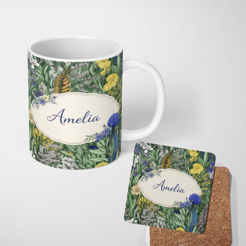 Personalized Custom Name Tropical Botanical Garden Illustration Green Floral Seamless Pattern 11oz Ceramic Coffee Tea Mug White Large Handle