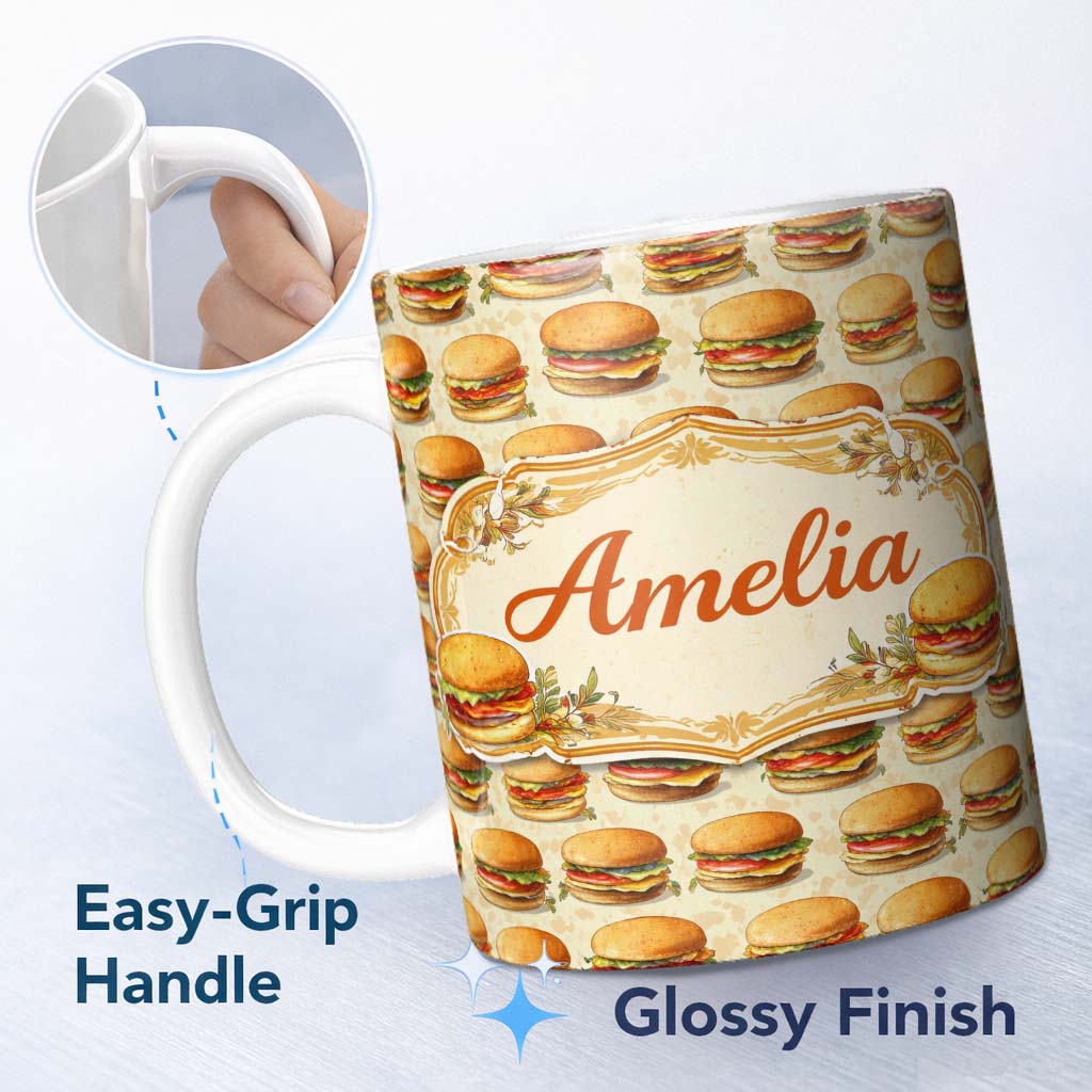 Personalized Custom Name Vintage Burger Illustration Seamless Pattern Fast Food Snack Design 11oz Ceramic Coffee Tea Mug White Large Handle